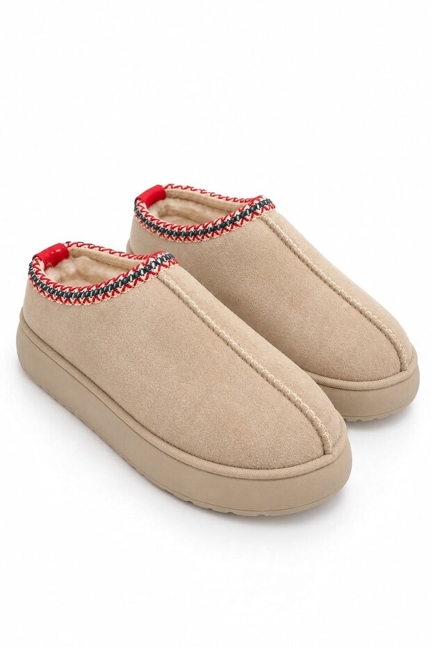 Beige Suede Textured Fur Inside, Red Stripe Detail, Flat Sole, Thick Sole Boots