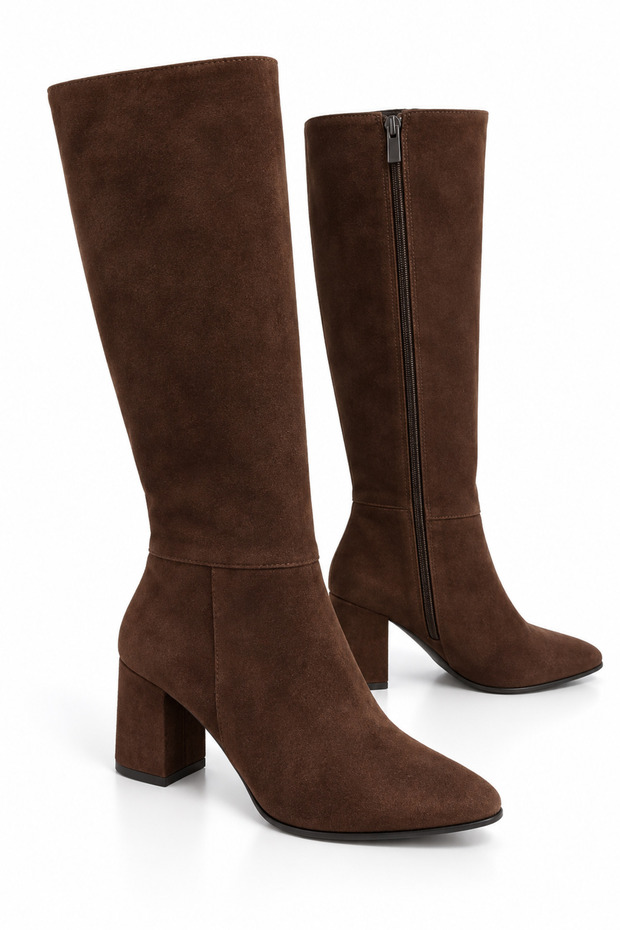 Brown Suede Textured Pointed Toe High Heeled Long Boots with Side Zipper Detail