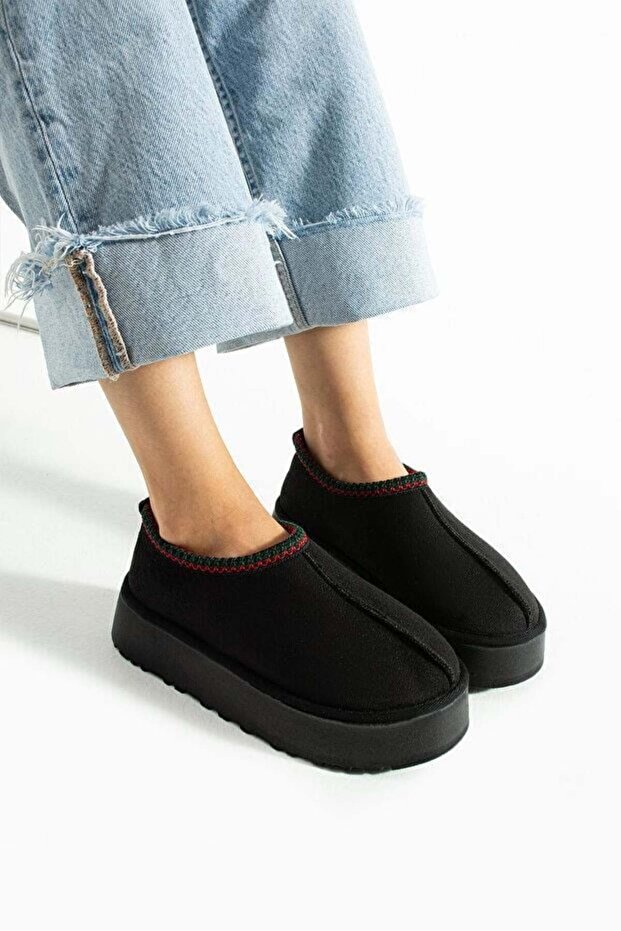 Black Suede Textured Fur Inside, Flexible Sole, Comfortable Daily Flat Sole Boots