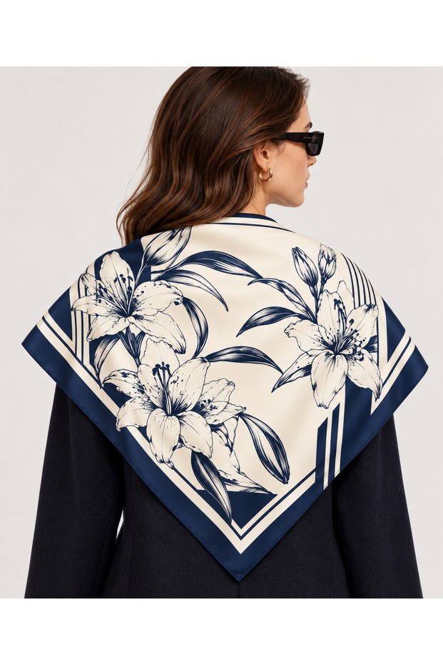 70X70 Women's Scarf – Navy Blue Floral Patterned Silk-Look Satin Square Scarf, Elegant Shawl and Neck Accessory