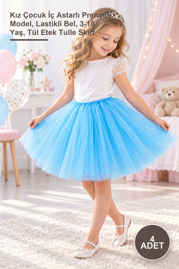 4 Pieces of Blue Tutu Skirt – Girls' Princess Model with Inner Lining, Elastic Waist, Ages 3-10, Tulle Skirt