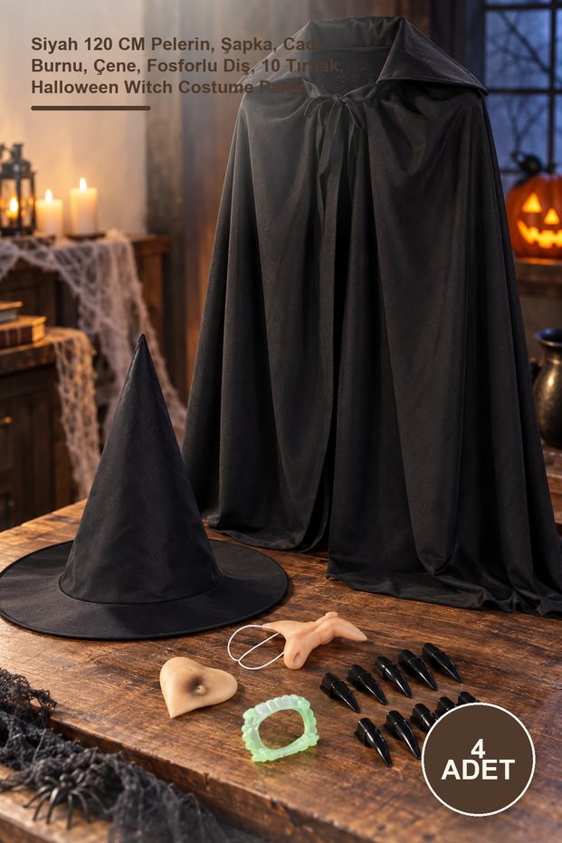 4-Piece Witch Costume Set – Black 120 cm Cape, Hat, Witch's Horns, Fangs, Phosphorescent Teeth, 10 Nails, Halloween Witch Costume Party