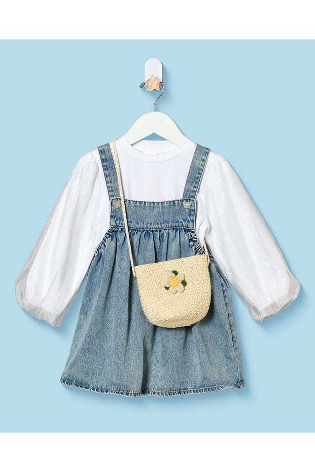 Infant Girls Blue Denim Dungaree Dress Set With Top And Bag - 3 Piece