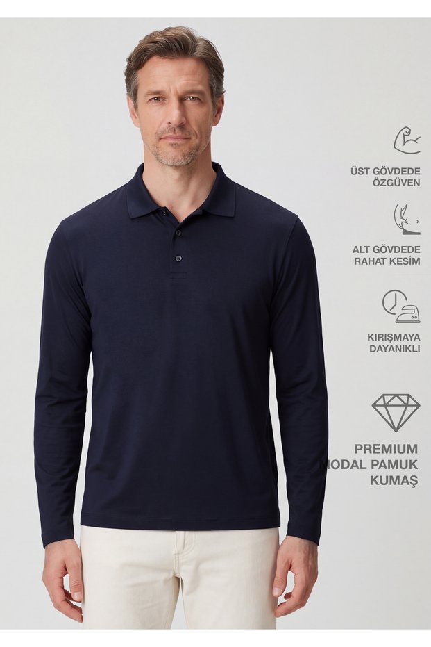 Milan | Polo Long Sleeve – Qsimple Muscle up Fit T-Shirt - Dark Navy Blue