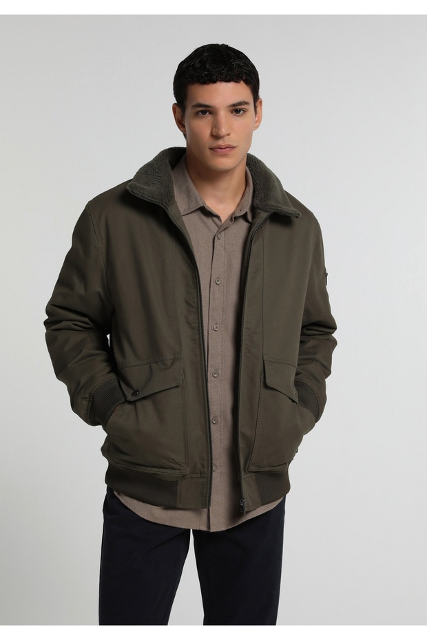 Regular Fit Shirt Neck Zippered Lined Men's Green Coat