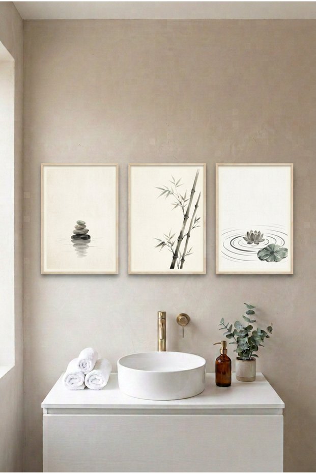 3-Piece Japandi Stone and Water Wood Framed Mdf Painting Set - Bathroom Wall Decor Huhu3282 - Triple Painting Set Natural Wood Frame