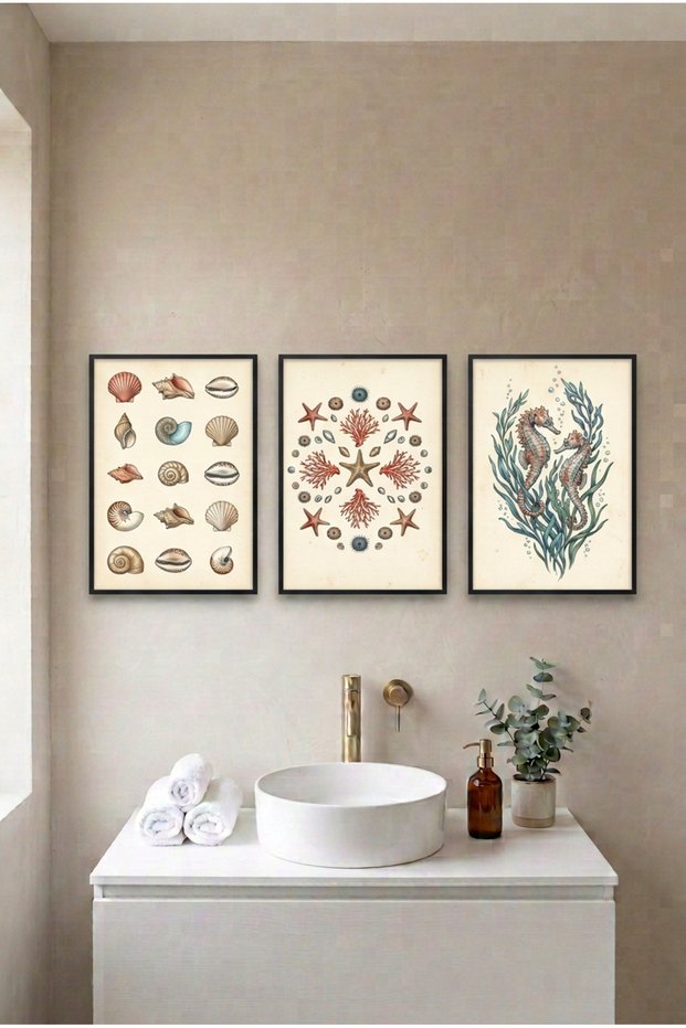 3-Piece Sea and Coastal Black Wooden Framed Mdf Painting Set - Bathroom Wall Decor Huhu3281 - Triple Painting Set Black Frame