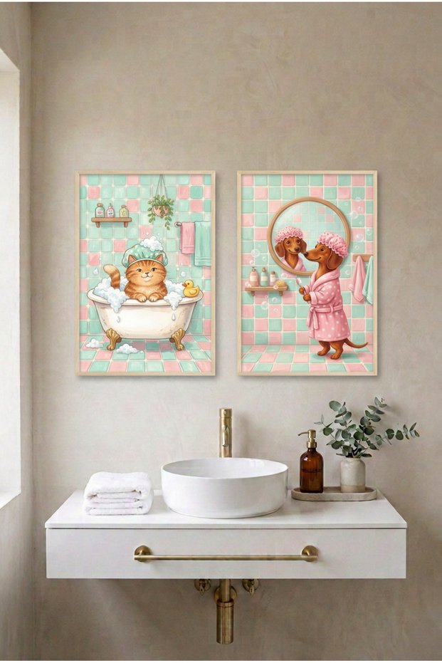 2-Piece Cat and Dog Wooden Framed Mdf Painting Set - Animals in the Bathroom Bathroom Decor Huhu3277 - Double Painting Set Natural Wood Frame