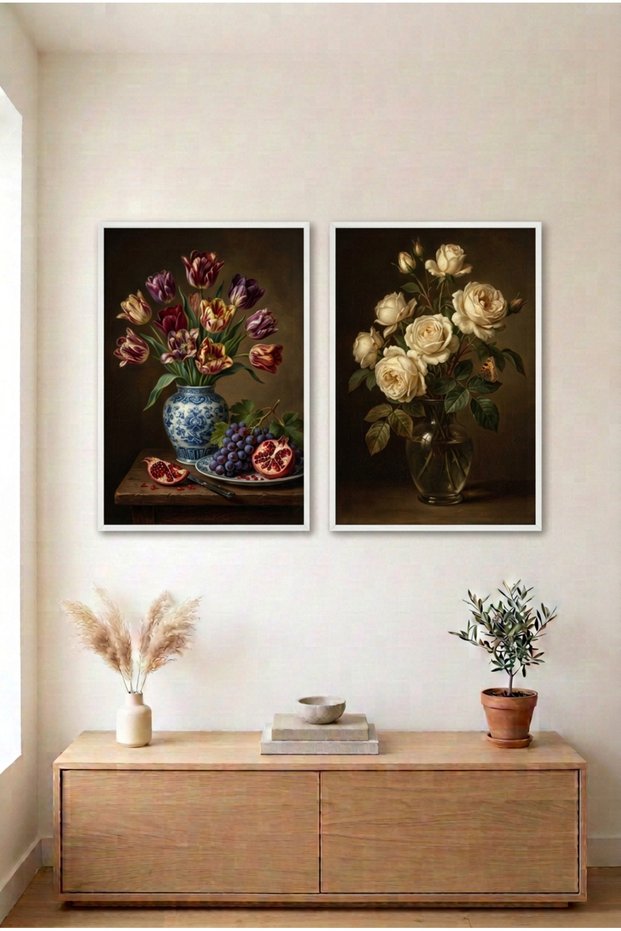 2-Piece Tulip and White Rose White Wooden Framed Mdf Living Room Painting Set Huhu3312 - Double Painting Set White Frame