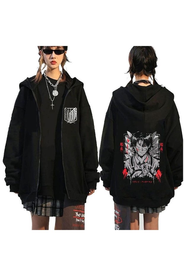 Attack on Titan Printed 3 Thread Zippered Cardigan with Raised Pattern Oversize
