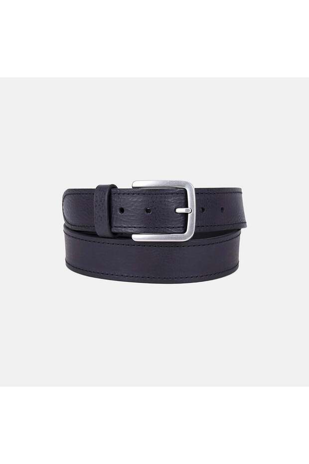 Men's Black Leather Sports Belt with Silver Buckle and Stitching Detail
