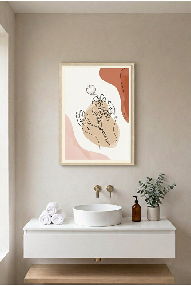 Hands and Flower Wooden Framed Mdf Painting - Single Line Minimal Bathroom Decor Huhu3263 - Single Painting Natural Wood Frame