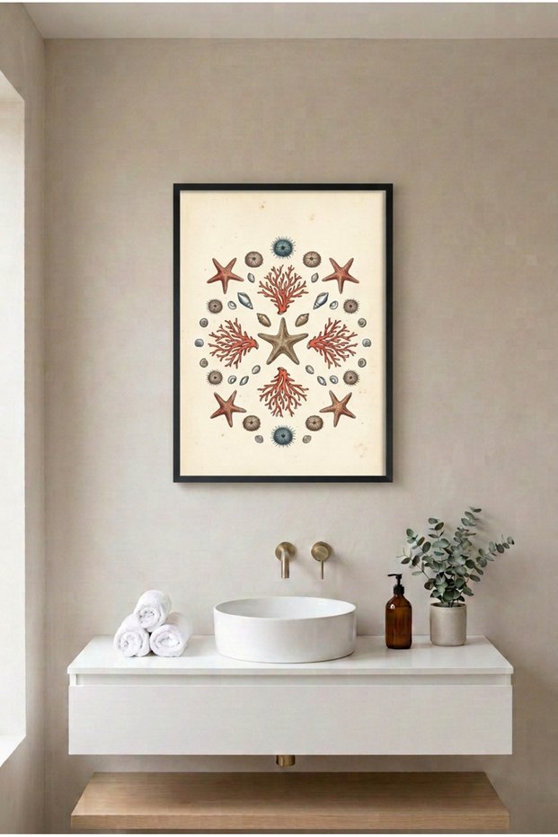 Starfish and Coral Black Wooden Framed Mdf Painting - Sea and Coastal Bathroom Decor Huhu3256 - Single Painting Black Frame