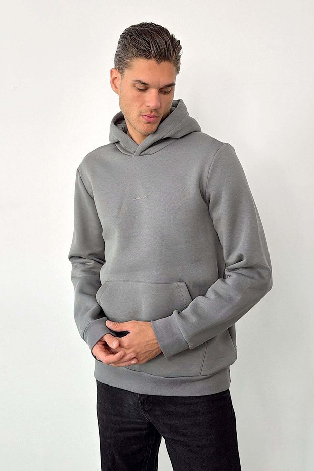 Men's Hooded Brand Printed Sweatshirt with Pocket Detail Light Khaki - 27K 5281