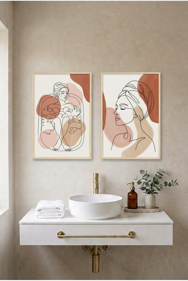 2-Piece Foam Bath and Woman Portrait Wooden Framed Mdf Bathroom Painting Set Huhu3275 - Double Painting Set Natural Wood Frame