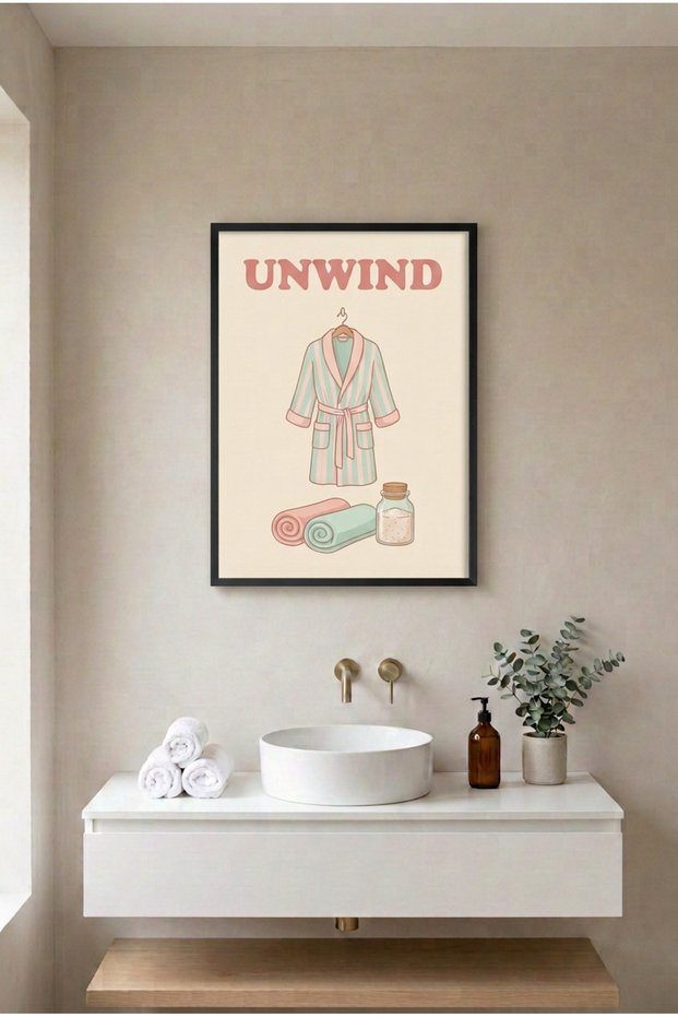 Unwind Bathrobe and Towel Black Wood Framed Mdf Art Print - Vintage Bathroom Sign Bathroom Decor Huhu3254 - Single Art Print Black Frame