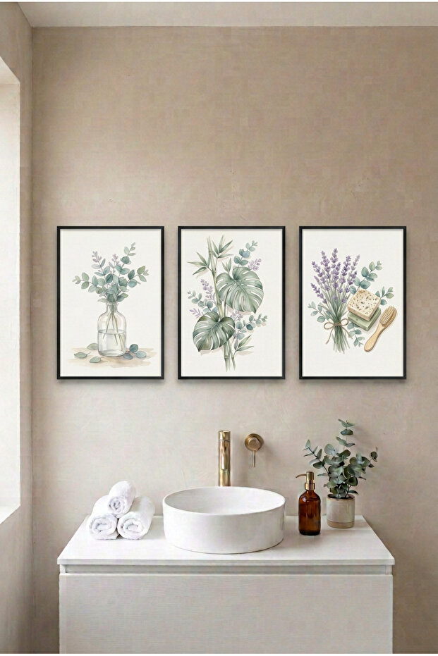3-Piece Spa and Botanical Black Wood Framed Mdf Painting Set - Bathroom Wall Decor Huhu3279 - Triple Painting Set Black Frame