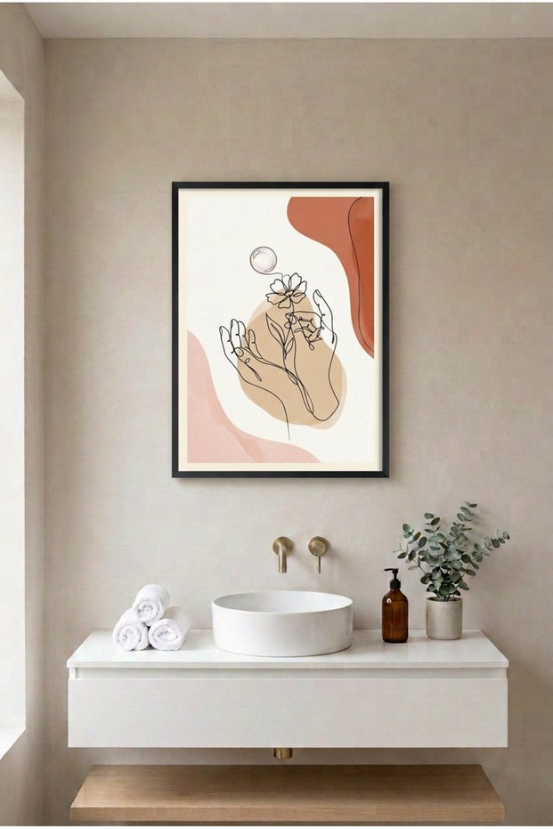 Hands and Flower Black Wooden Framed Mdf Painting - Single Line Minimal Bathroom Decor Huhu3263 - Single Painting Black Frame