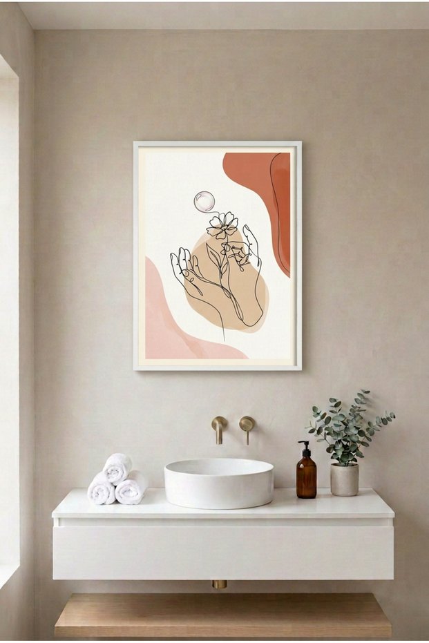 Hands and Flower White Wooden Framed Mdf Painting - Single Line Minimal Bathroom Decor Huhu3263 - Single Painting White Frame