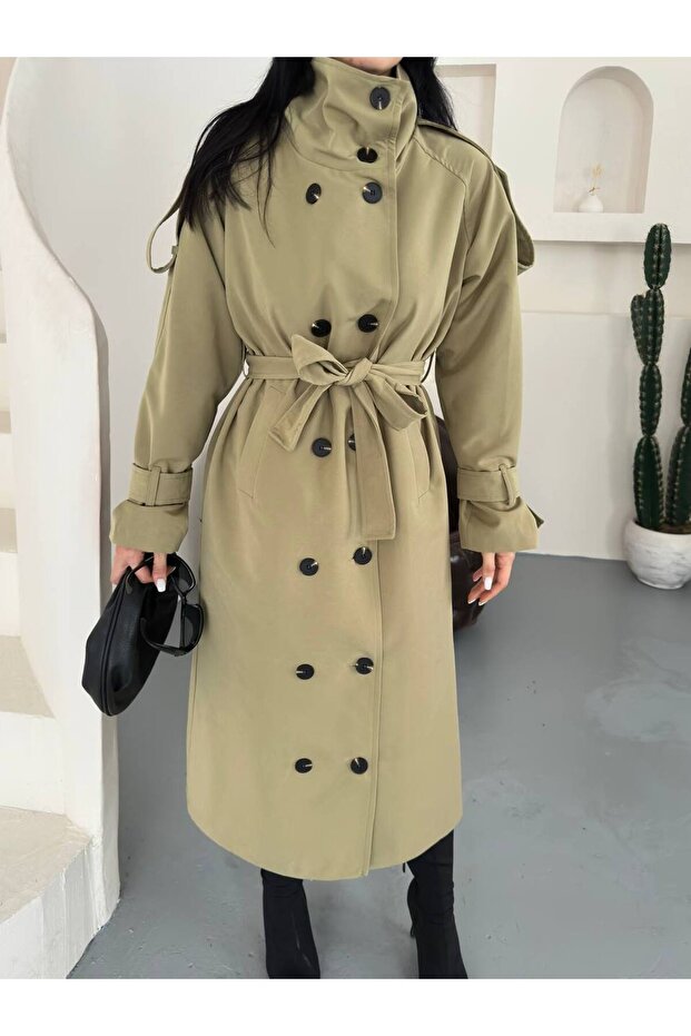 Long Trench Coat with Multi-Button Front, High Collar, Folded Belt, and Long Train