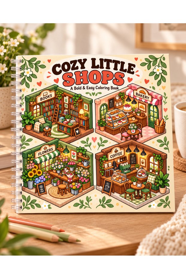 Cozy Little Shops Coloring Book – Isometric Tiny Shops, Bold & Easy Adult Coloring 20X20 Size 30 Images