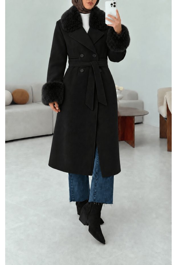 Fur Detailed Double Breasted Collar Cashmere Coat - Black