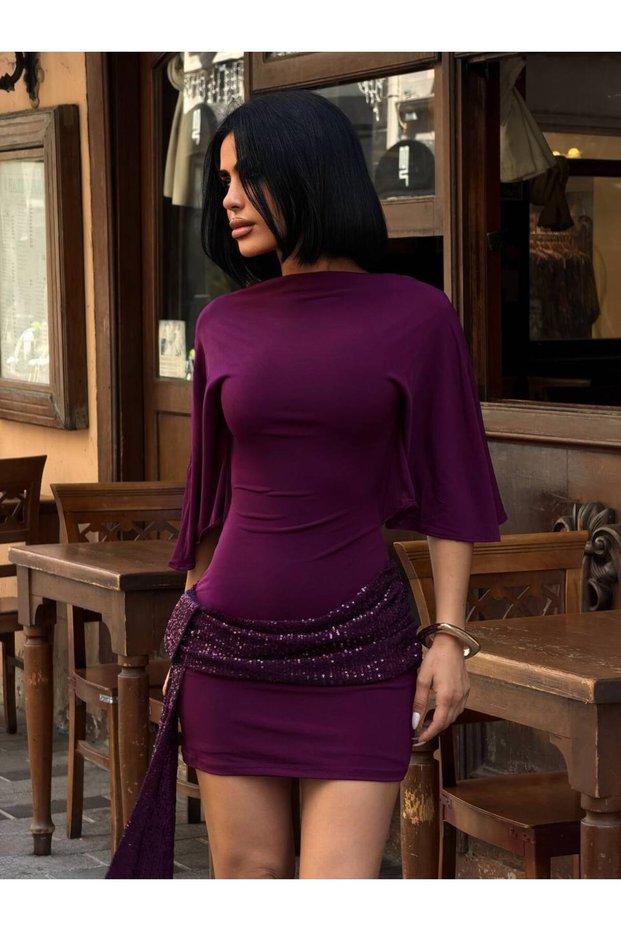 Backless Cape Sleeve Draped Mini Premium Purple Evening Dress