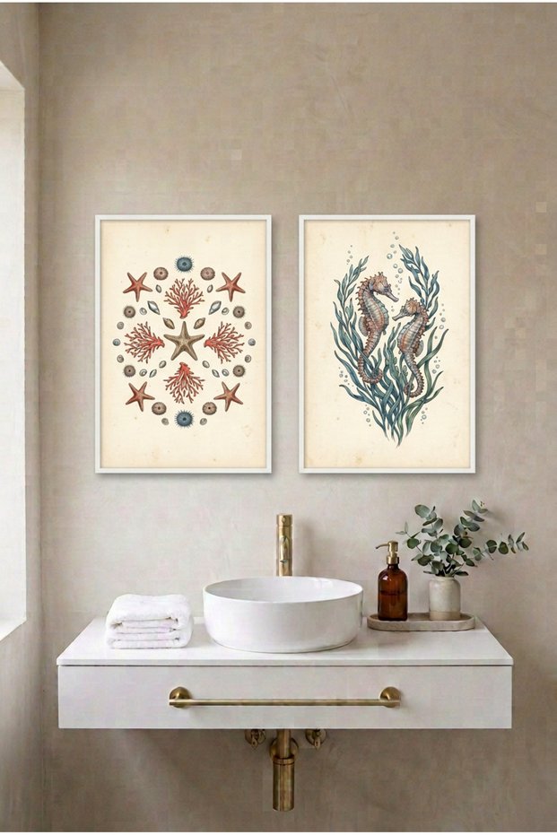2-Piece Starfish and Seahorse White Wooden Framed Mdf Bathroom Painting Set Huhu3272 - Double Painting Set White Frame