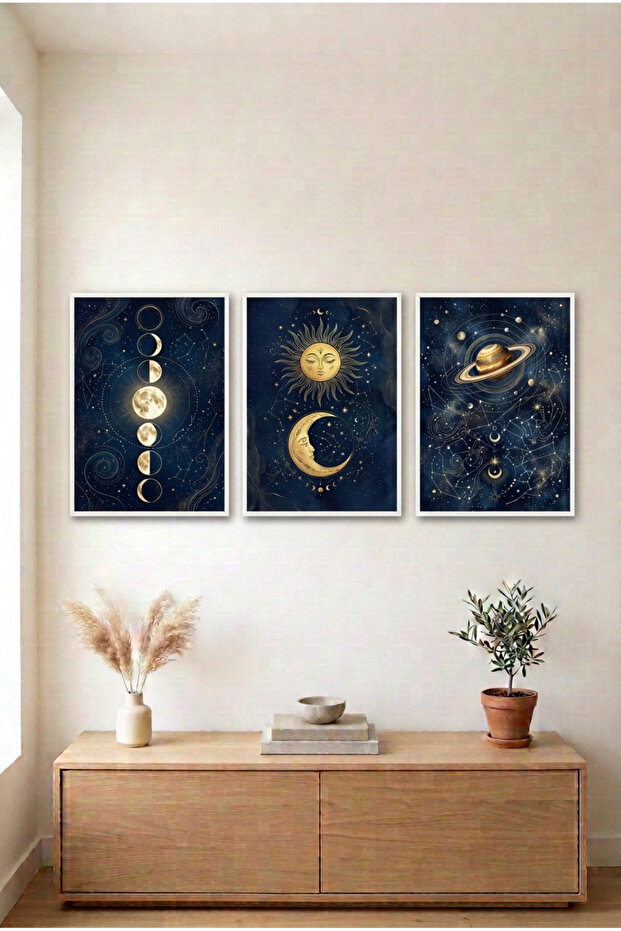 3-Piece Moon and Sky White Wooden Framed Mdf Painting Set - Living Room Wall Decor Huhu3320 - Triple Painting Set White Frame
