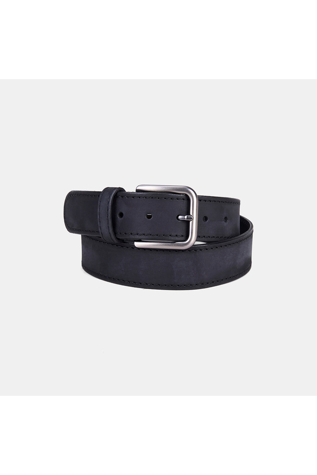 Men's Black Sporty Nubuck Leather Belt with Stitching Detail
