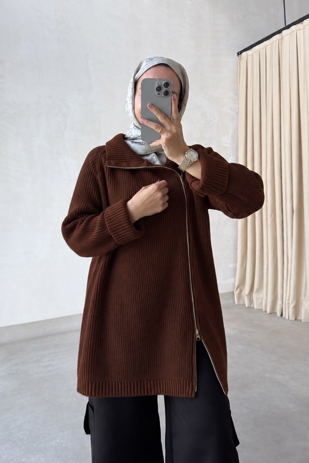 Double Zipper Knitwear Sweater - Brown