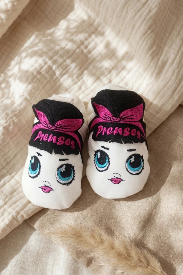 Princess Embroidered Cotton Baby Booties - Soft Textured Baby Girl Home Shoes and Slippers