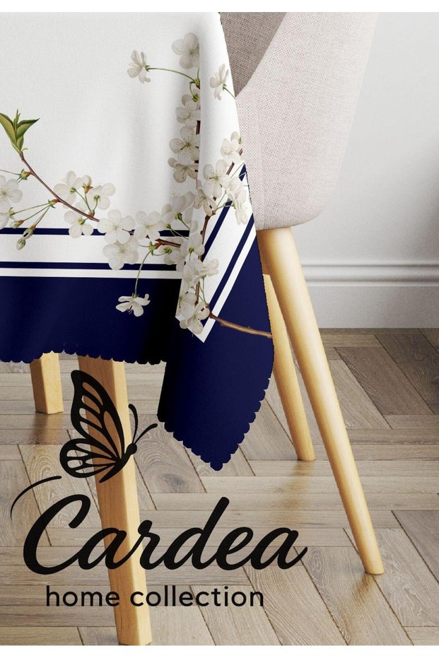 Magnolia Flower Patterned Navy Blue Special Edition Digital Print Tablecloth