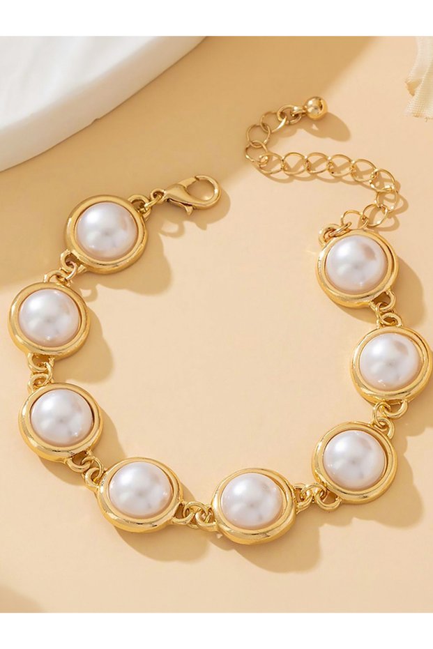 Gold Tone Faux Pearls Embellished Link Bracelet