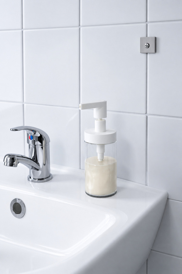 Tackan Liquid Soap Dispenser 200 ml – Transparent Glass Bathroom Soap Dispenser with White Pump