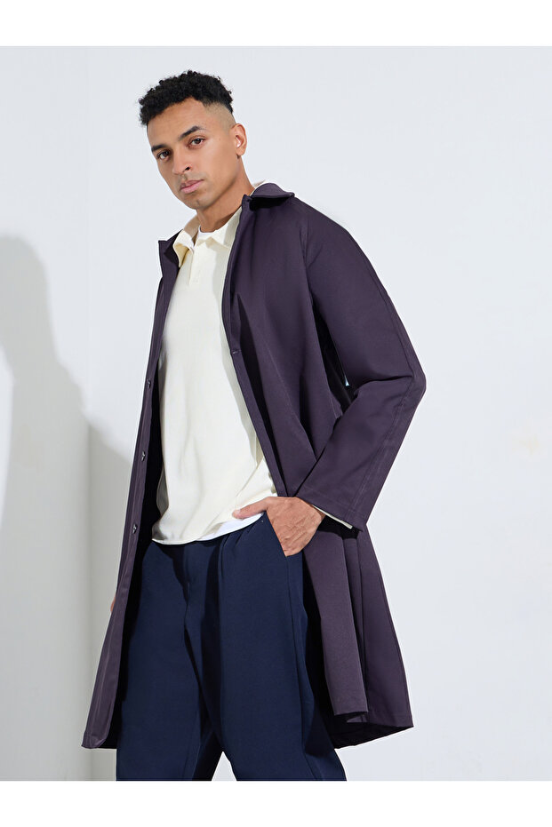 Purple Solid Regular Fit Button-Up Trench Coat
