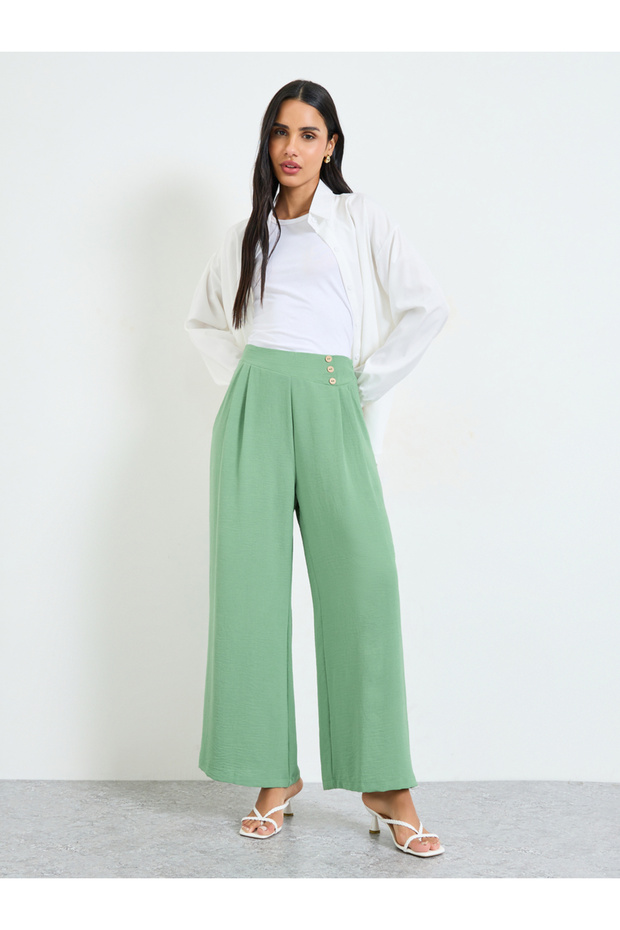 Sage Green Pleated Wide-Leg Trousers