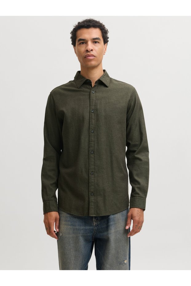 Olive Green JJEFIELD Plain Spread Collar Shirt