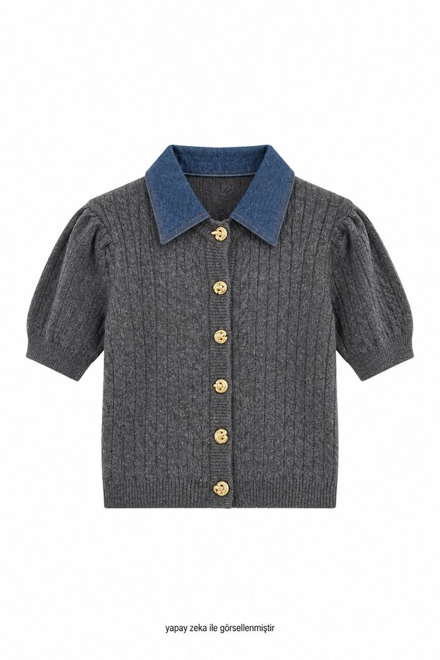 Denim Collared Knitwear Gray