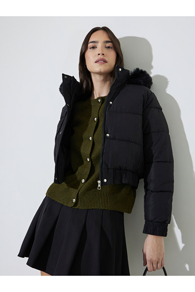 Black Regular Fit Short Padded Jacket with Faux Fur Hood