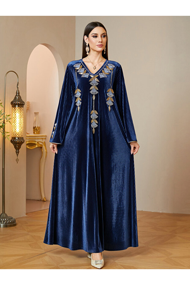 Navy Blue Velvet Embroidered Maxi Jalabiya Dress for Women