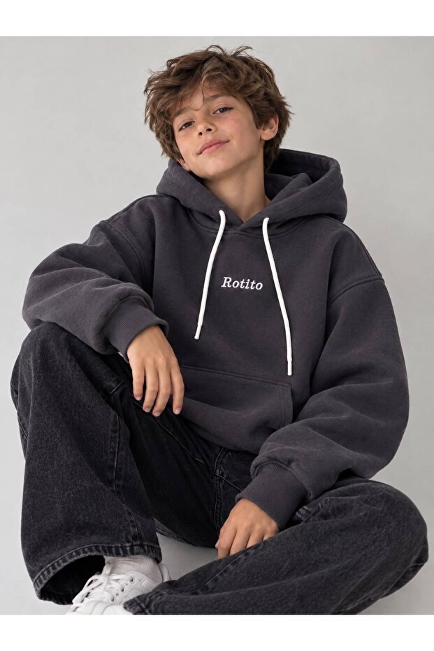 Boy's Oversize Embroidered Hooded Sweatshirt