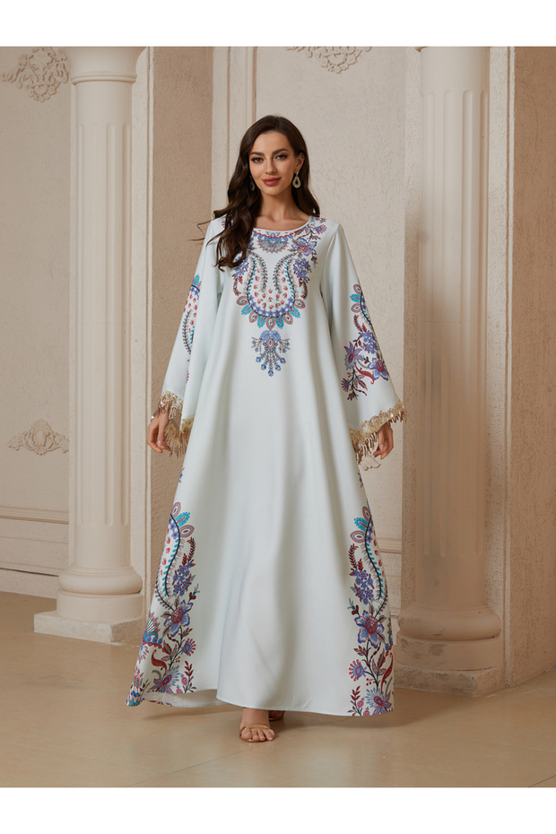 Blue Maxi Jalabiya with Intricate Floral Print for Women