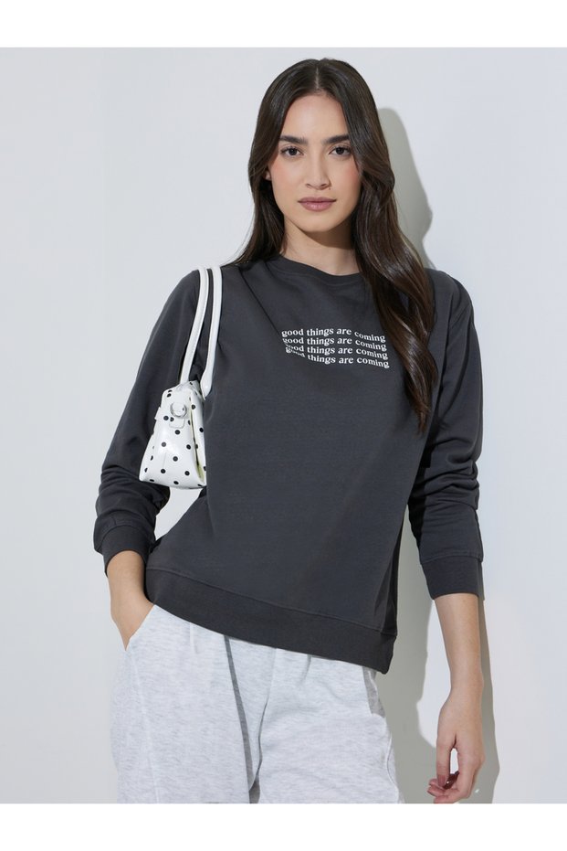 Charcoal Regular Fit Slogan Print Sweatshirt