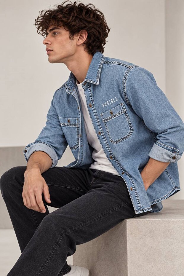 Light Blue Premium Tok Fabric Double Pocket 90S Men's Denim Jeans Shirt