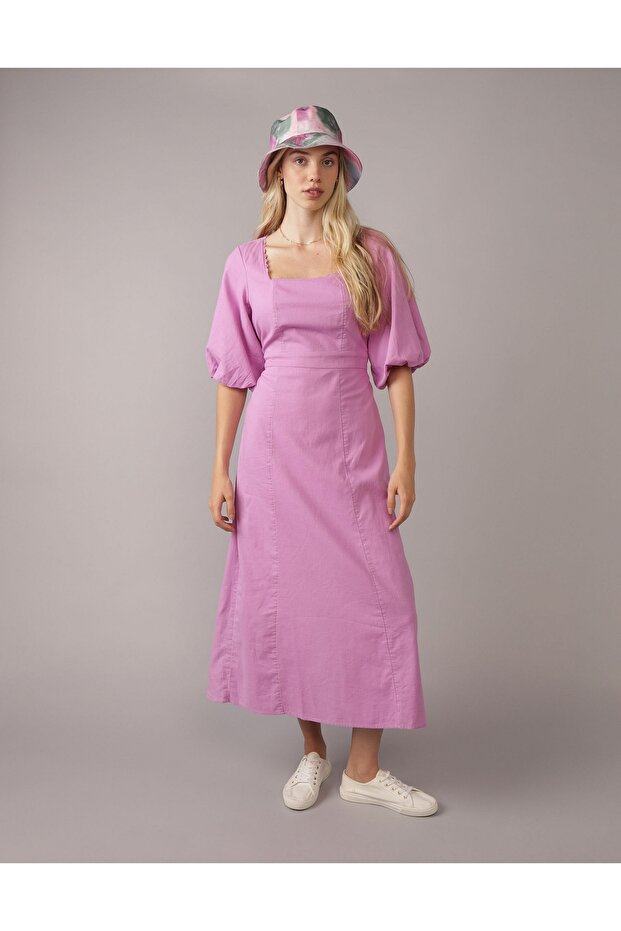AE Linen-Blend Puff Sleeve Tie Back Midi Dress