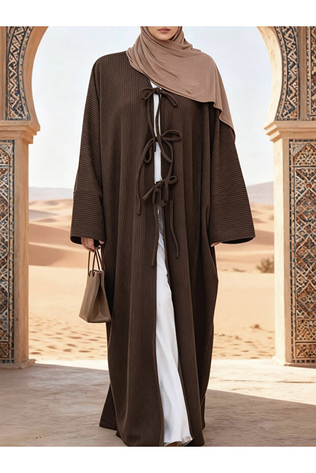 Coffee Brown Ribbed Open Abaya with Tie Details