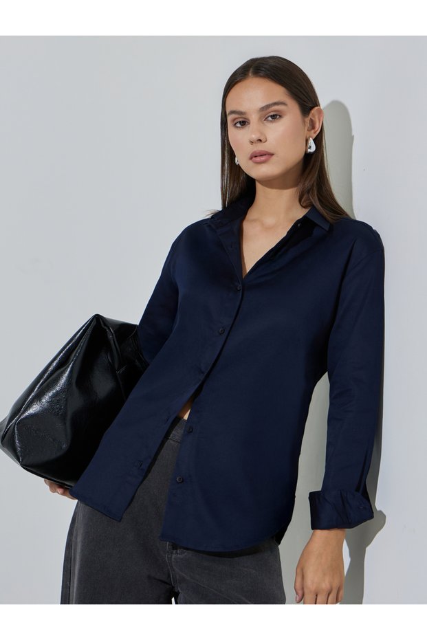 Navy Blue Solid Longlined Long Sleeves Oversized Shirt