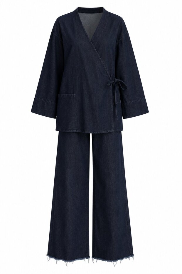Navy Blue Double-Breasted Collared Kimono Pants Set - 2Y8629