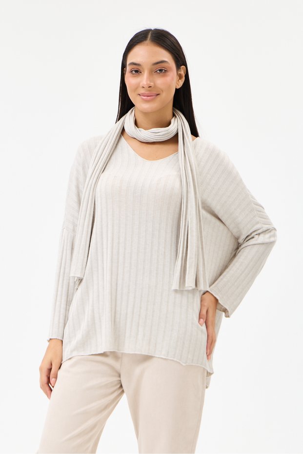 Beige Italian Self-Line Patterned Oversize Knitted Blouse with Shawl, Sizes 40 - 46